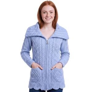 Aran Crafts Ireland Long Merino Wool Zip Sweater Pockets XS NWOT